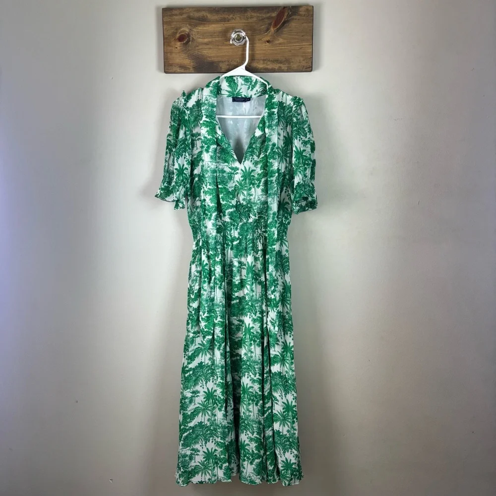 Vineyard Vines S Marthas Vineyard Tropical Toile Tie-Neck Midi Dress Green/White - Picture 3 of 16